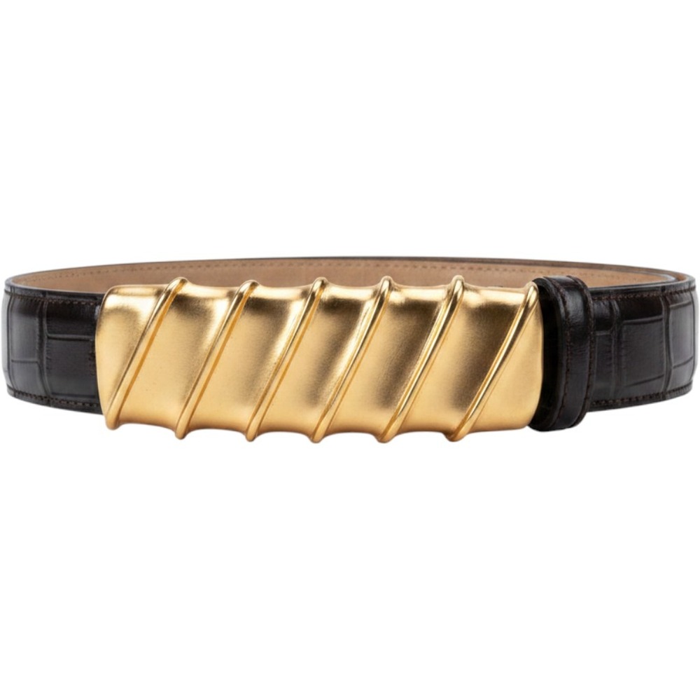 Vintage Anne Klein Calderon #8095 Medium BROWN Leather Belt 80's  Gold Front